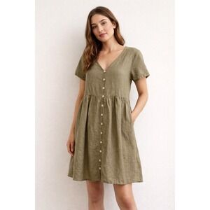 Madewell Linen Blend Button Front Dress Olive Green Short Sleeve Size M